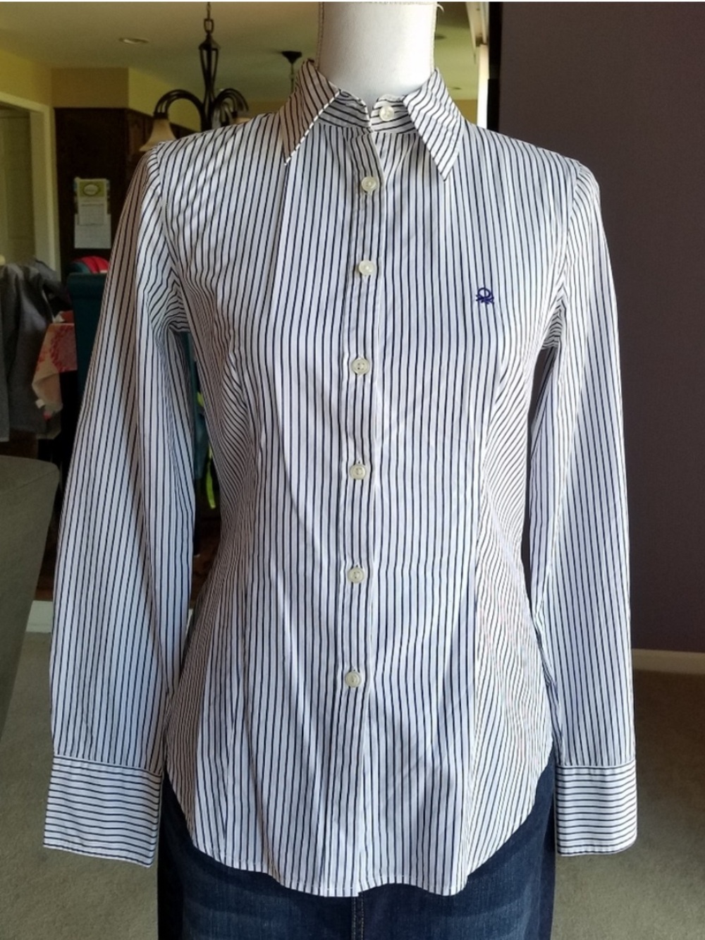 Women's Benetton Navy Blue & White Striped Dress Shirt from Italy